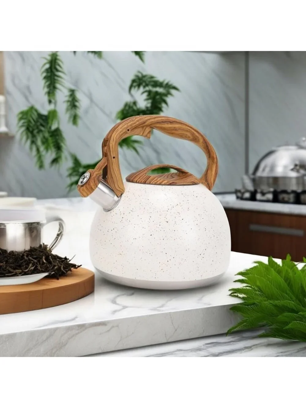 White Kitchen Whistling Tea Kettle 100 OZ / 3 L Stainless Steel Stovetop Teapot